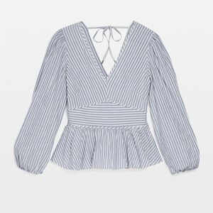 White House Black Market Blue & White Striped Peplum V-Neck Blouse